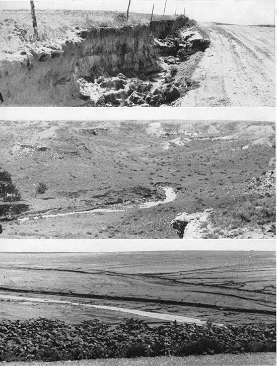 Three black and white photos of sheet-wash and gullying phenomena; top is erosion in roadside drainage ditch, Meade County; middle is retreating gully head near the edge of the upland north of Ashland; bottom is sheet-wash in cultivated field after heavy downpour, Meade County.
