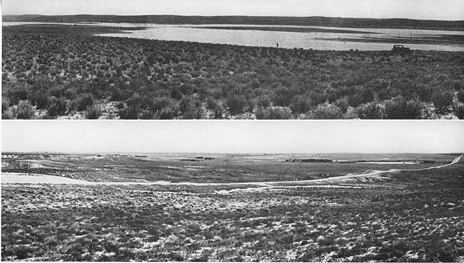 Two black and white photos; top is of Bear Creek in 1936; bottom is view of Cimarron valley near Arkalon.