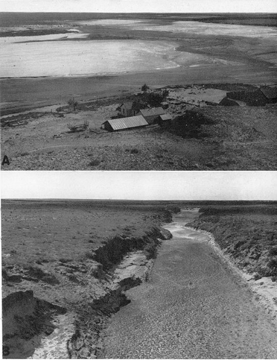 Two black and white photos; top is of Cimarron river in western Morton County; bottom is Cimarron river in southwestern Haskell County.
