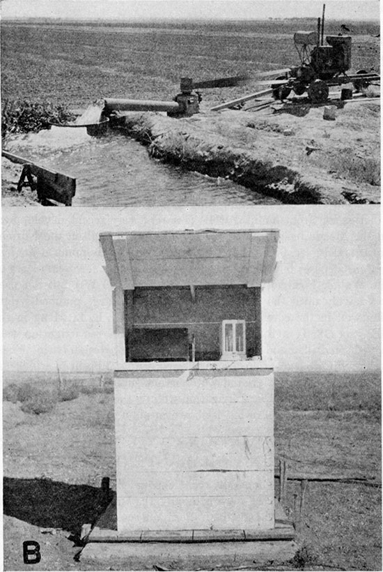 Two black and white photos; top is of large irrigation well flowing into channel; lower is of wooden shelter for an observation well.