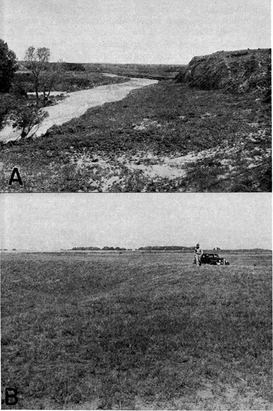 Two black and white photos; top is of Sand creek valley northeast of Jones ranch, smal stream with steep bank to right; lower is of grass-covered levee along Crooked Creek between Meade and Fowler.