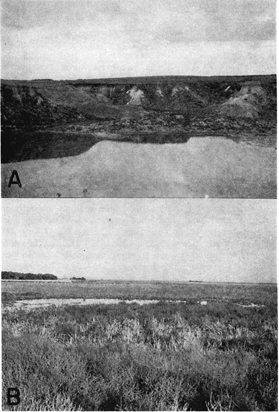 Two black and white photos; top is of Meade salt well 1.5 miles south of Meade; lower is of bog produced by unused flowing well..