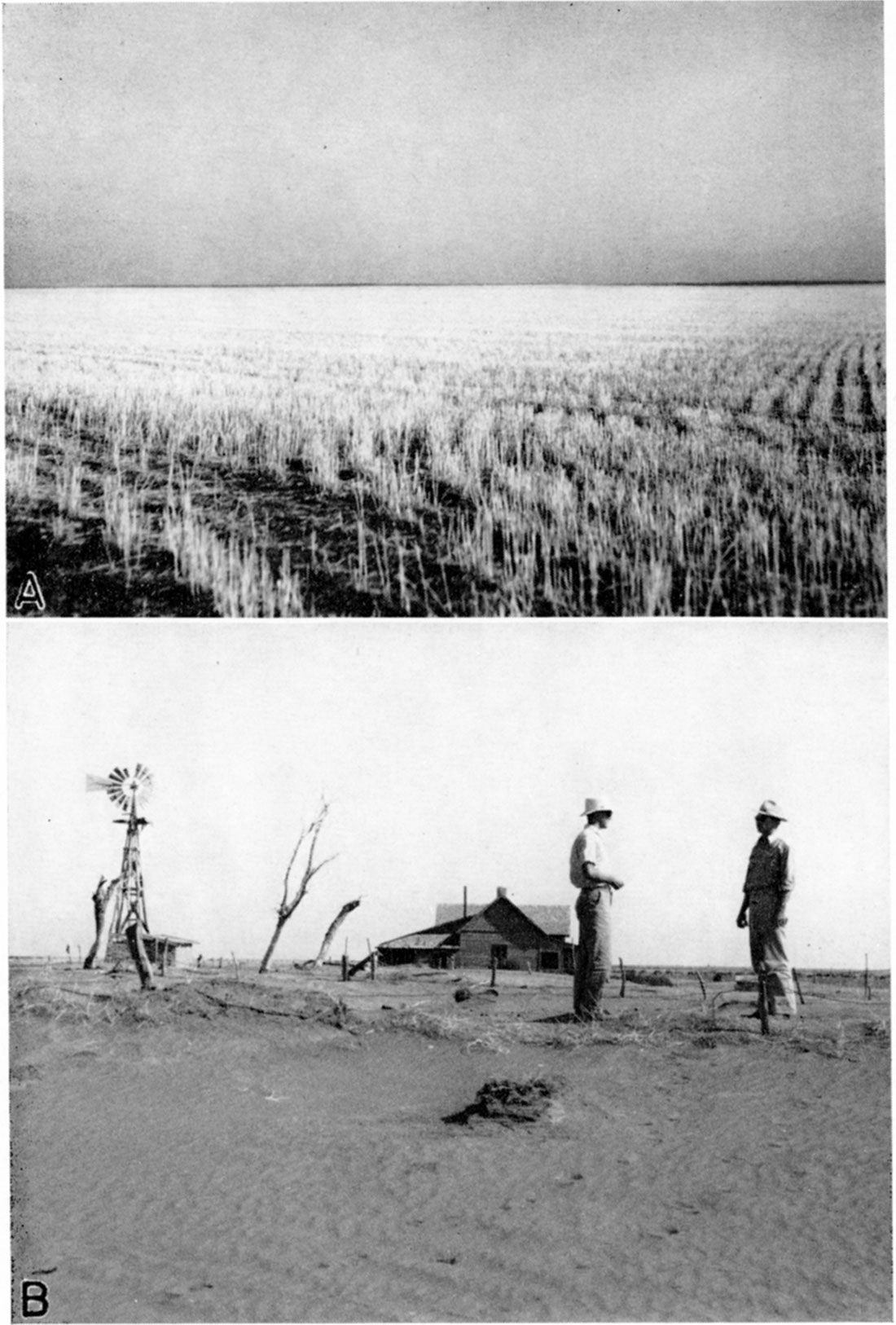 Two black and white photos; top is flat, featureless topography typical of the upland plains of Stanton county; bottom is abandoned farm in Morton county, Kansas.