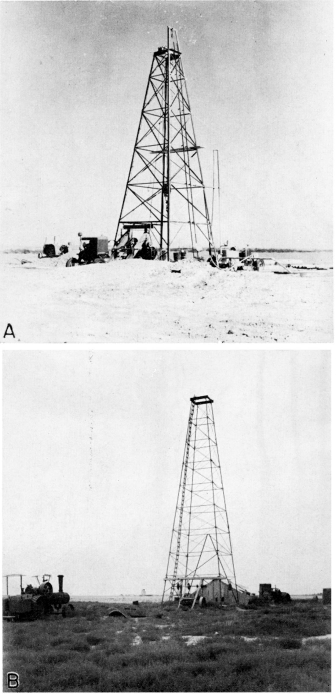 Two black and white photos; top is rotary well-drilling rigs; bottom is well 41 being drilled by a portable rig.