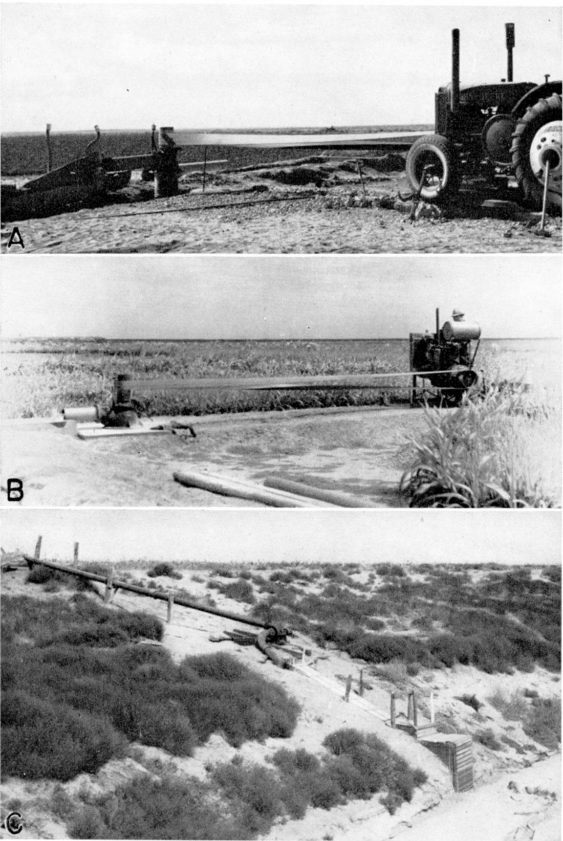 Three black and white photos; top is irrigation well (19) owned by Clarence Winger; middle is irrigation well (6) owned by M. P. Molz; bottom is surface-water pumping plant owned by Fred Collingwood.