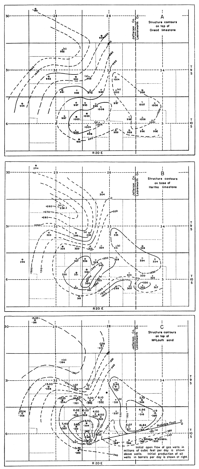 Three maps: top of Oread limestone, base of Hertha limestone, and top of McLouth sand.