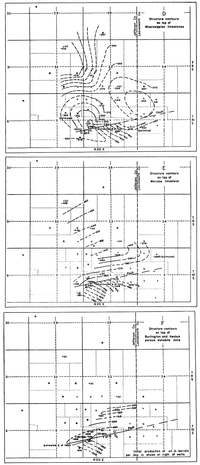 Three maps: top of Mississippian limestone, top of Warsaw limestone, and top of porous dolomite.