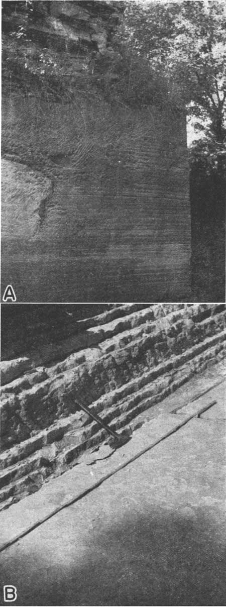 Two black and white photos showing Bandera sandstone in quarry.