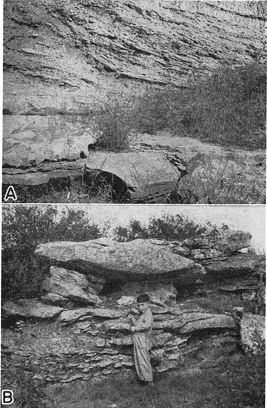 Two black and white photos; top shows Bandera shale along a river bank; bottom photo shows large blocks of the Laberdie limestone of the Pawnee formation, child standing near for scale.