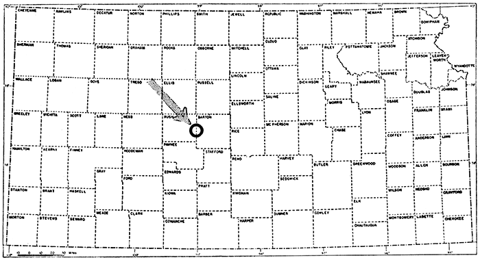 Map of Kansas; Otis field is in west-central part of state.