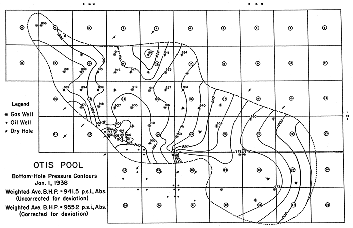 Bottom-hole pressure contour map, January 1, 1938.