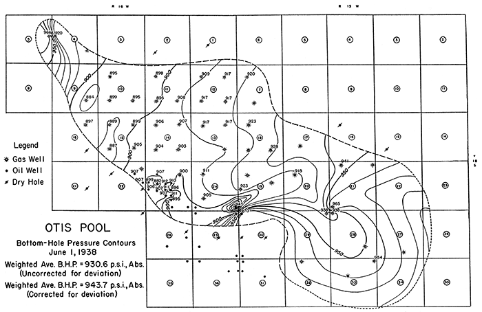 Bottom-hole pressure contour map, June 1, 1938.