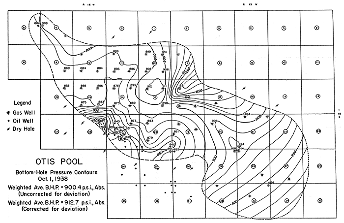 Bottom-hole pressure contour map, October 1, 1938.
