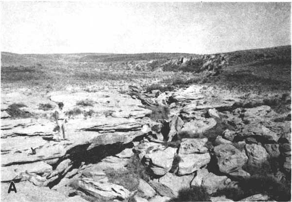 Black and white photo of man standing near outcrop of smoothly eroded sandstonecut through by small arroyo; some large rounded boulders.