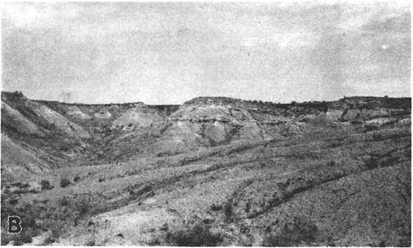 Black and white photo of hillside across a small valley; resistant bed runs through middle of the slope.