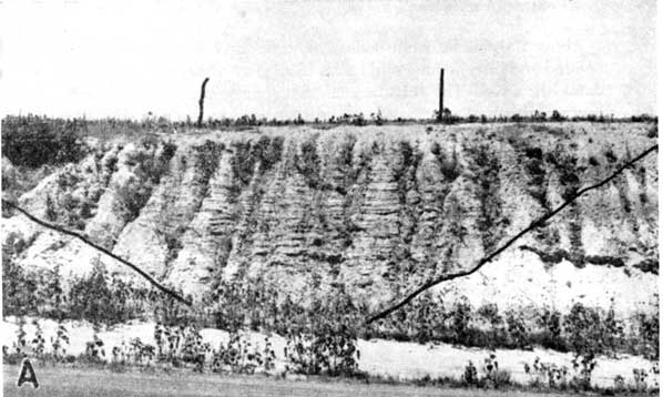 Black and white photo of roadcut, center is valley filels with thin beds of sandstone.