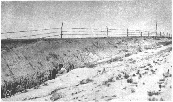 Black and white photo of roadside outcrop, about 6 feet high, topeed with wire fence.