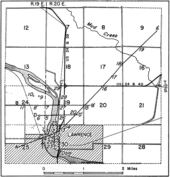 Map of Lawrence and vicinity showing locations of test holes and lines.