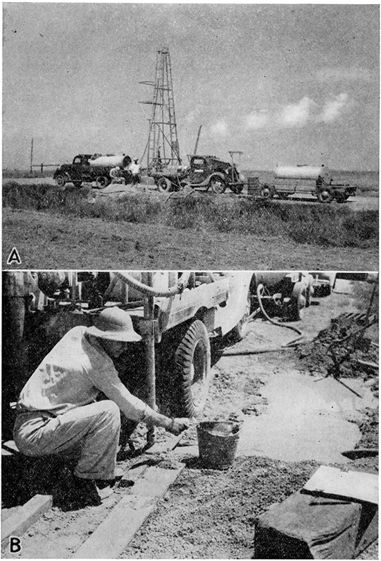 Two black and white photos; top is of rotary drilling machine;; bottom is of catching samples of water-bearing gravel.