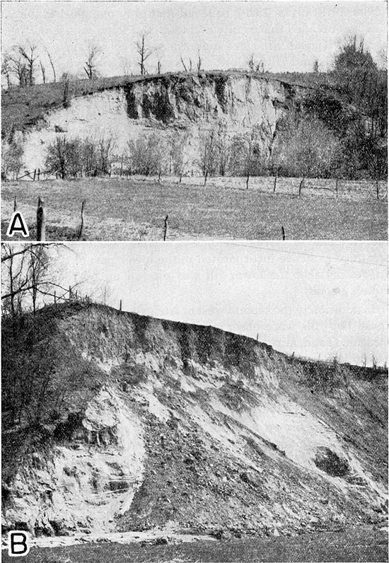 Two black and white photos of eroding hillsides made of glacial till.