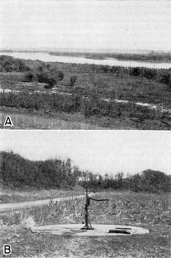 Two black and white photos; top is of Missouri River valley iwth few trees, flat floodplain next to river; bottom is of hand-operated water pump on cememt pad next to field (crop was been harvested).