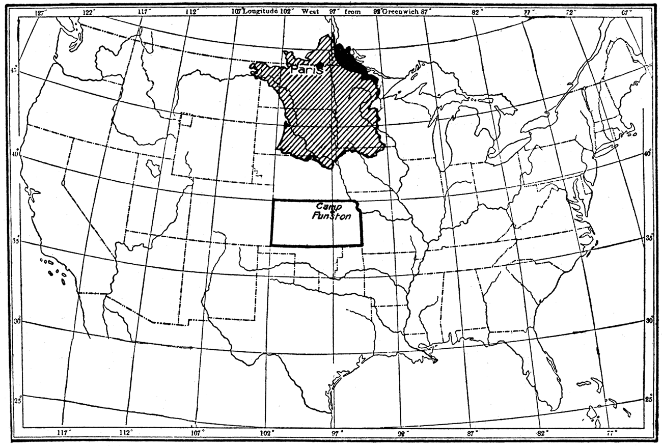 Map showing location of Camp Funston and relation in latitude to France.
