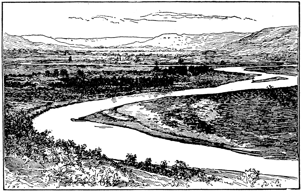 Meandering stream with wide flood plain and high bordering bluffs, showing topography typical of many of the rivers of France.