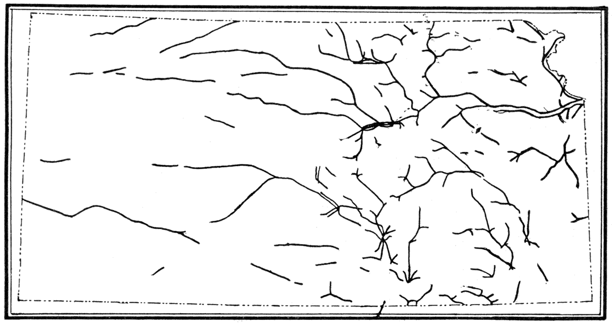 Map showing the railroads in Kansas which are laid in river valleys.