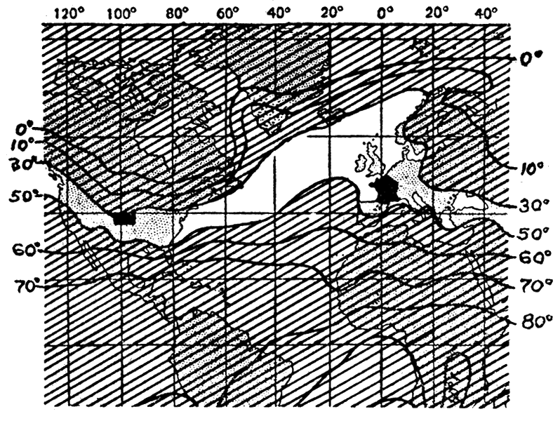 Map showing belts of equal temperature for January.