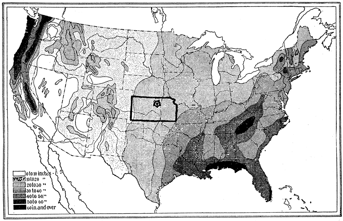 Map showing distribution of annual rainfall in the United States.