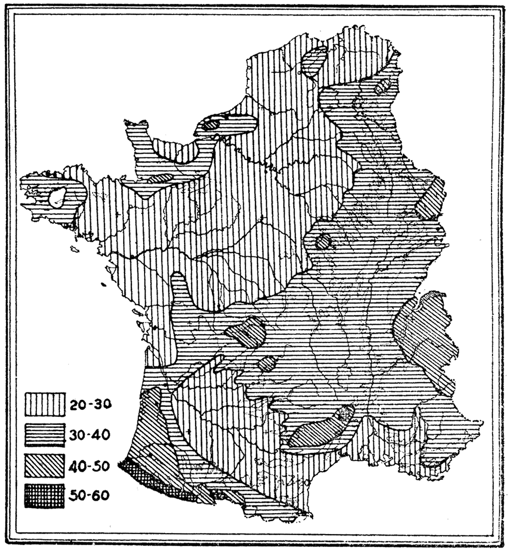 Map showing distribution of annual rainfall in France.