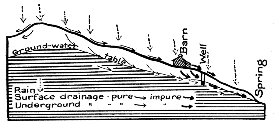 Diagram showing relation of ground-water table to the surface, and sources of possible well and spring contamination.