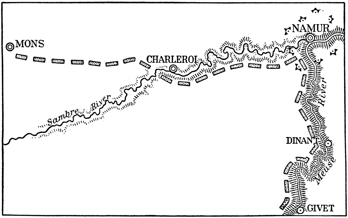 Main defensive position of the Allied armies at the Battle of Mons-Charleroi-Namur.