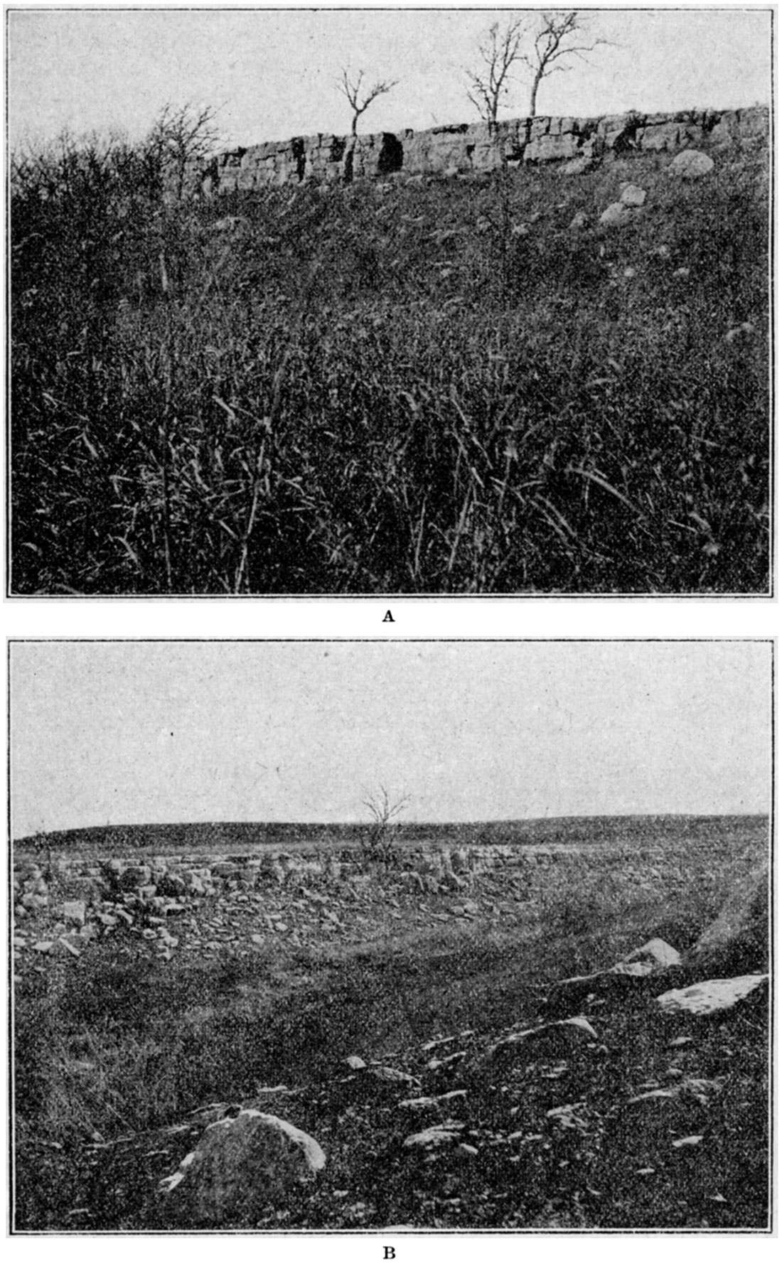Two black and white photos: Exposure of Fort Riley limestone at top of valley slope; Wall of Fort Riley limestone and broken fragments from its weathering, near head of Forsythe creek.