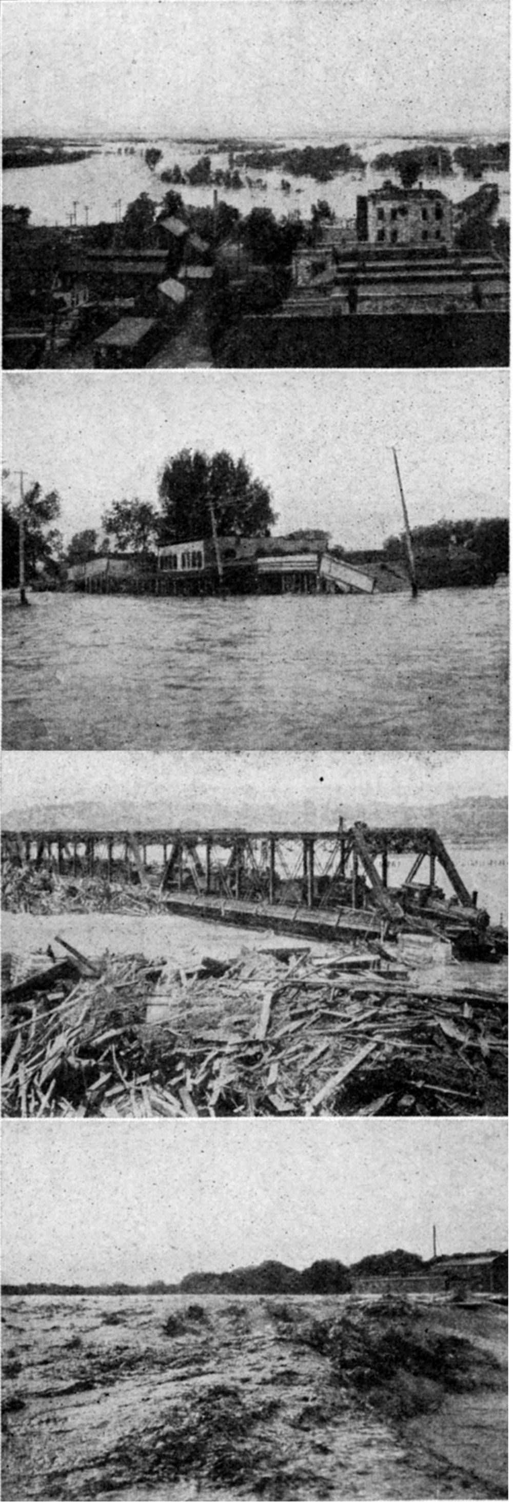 Four black and white photos: Kansas river in flood, 1908.