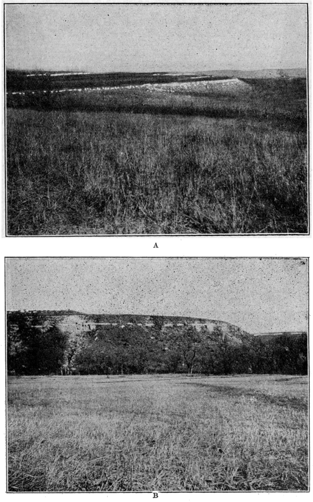 Two black and white photos: Escarpments of Fort Riley limestone overlooking Kansas river; River bluffs near Four Mile creek.