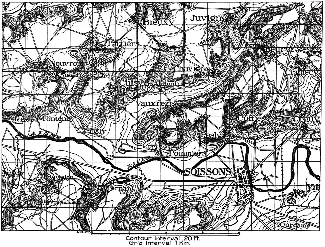 Topographic map of region about Soissons, France.