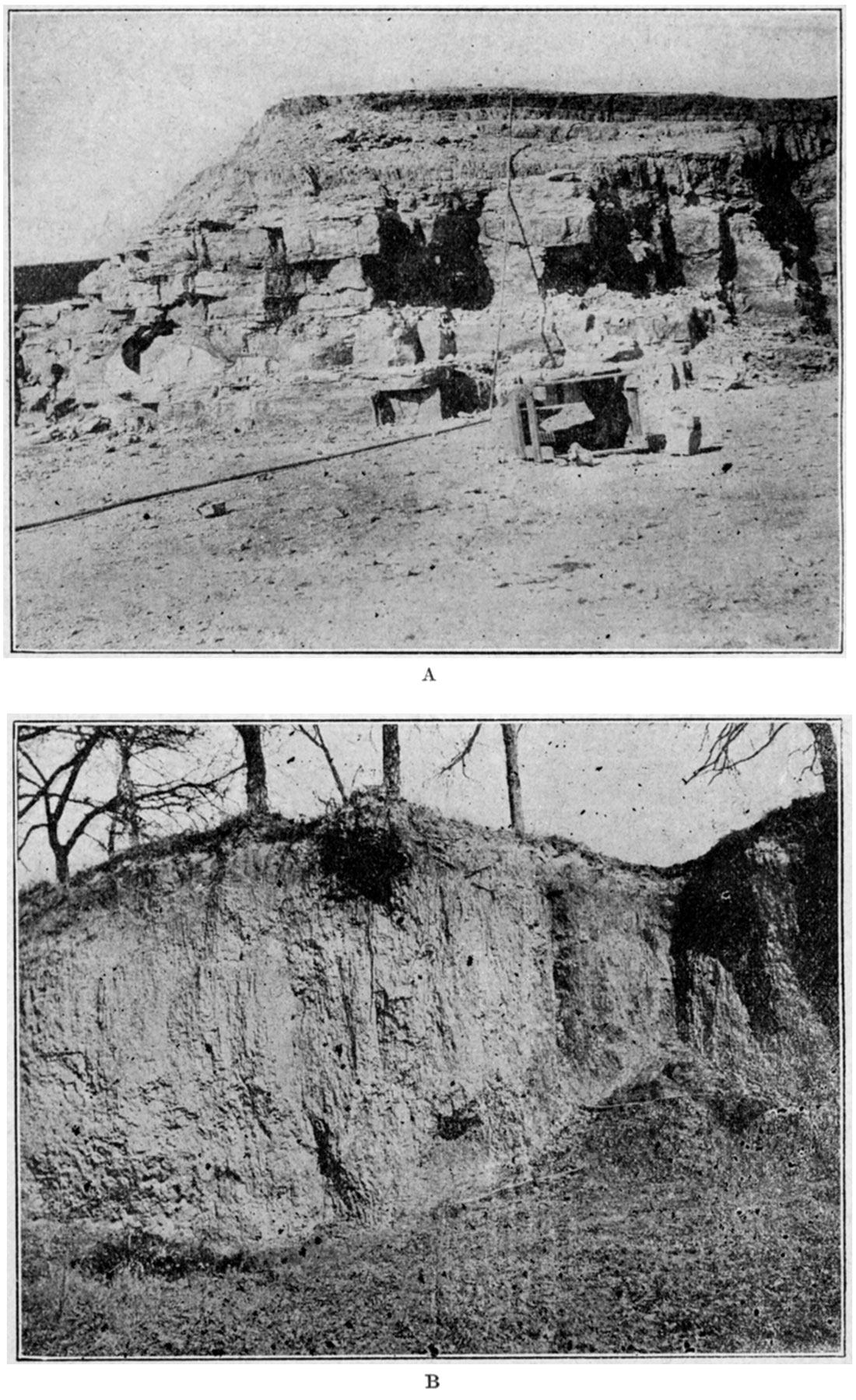 Two black and white photos: Quarry in Wreford limestone near Fort Riley; Stream cut in alluvium on One Mile creek, near Republican river.