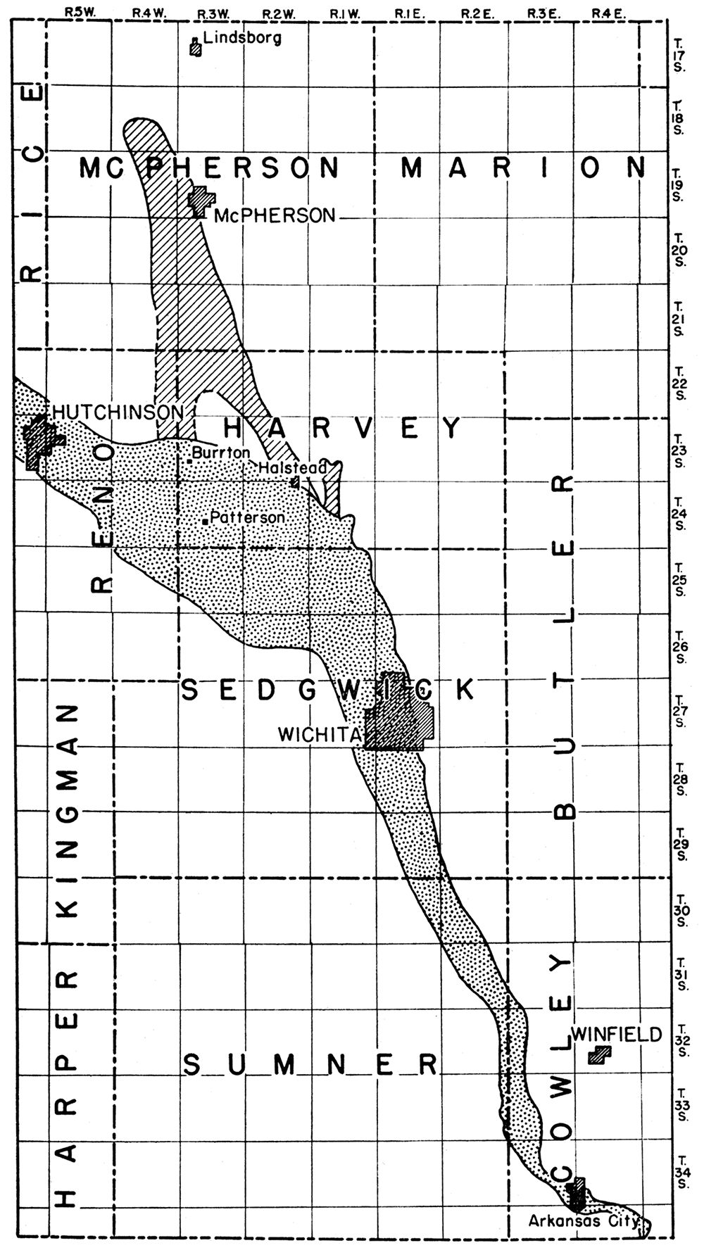 Map of south-central Kansas showing the areas in which large supplies of ground water may be obtained.