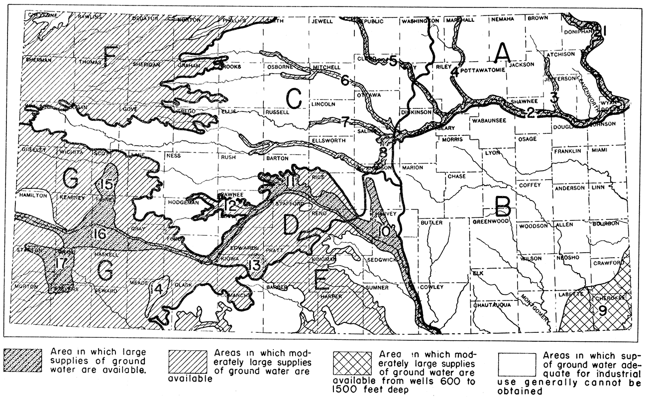 Map of Kansas showing by patterns the areas in which may be obtained supplies of ground water adequate for national defense industries.