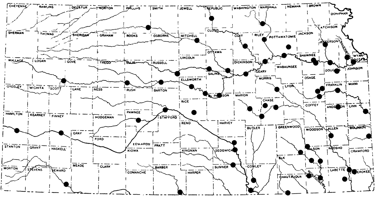 Map of Kansas showing gaging stations maintained on streams, as of February 1, 1942.