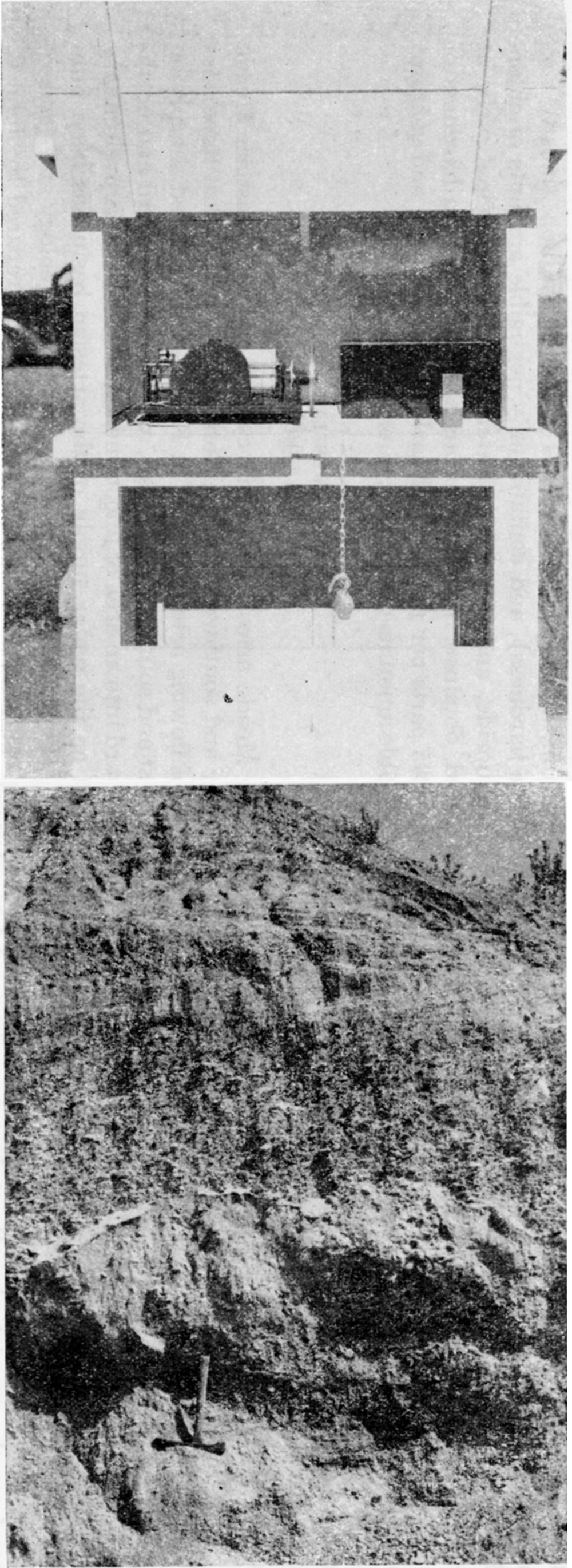 Black and white photos: upper is automatic recorder on observation well in northern Ford County; lower is exposure of coarse gravel in the Ogallala formation in Meade County.