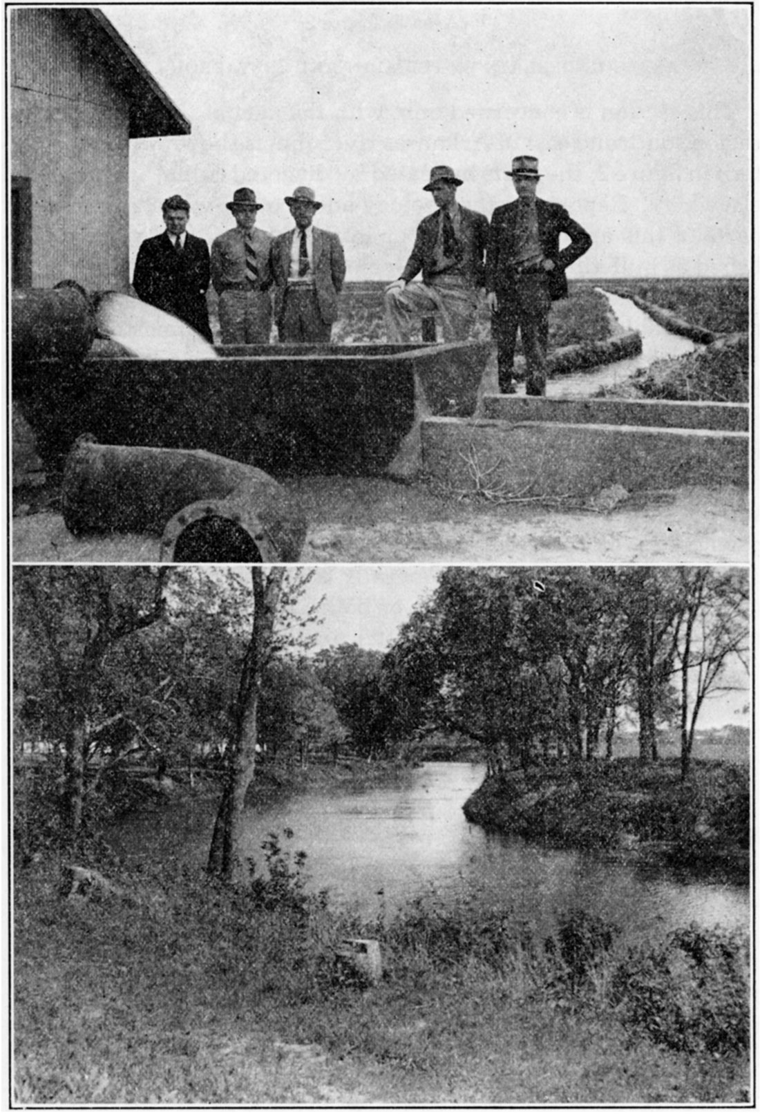 Black and white photos: upper is discharge from irrigation well in the Scott County shallow water basin; lower is Fall River at a point near Neodesha, Wilson County.