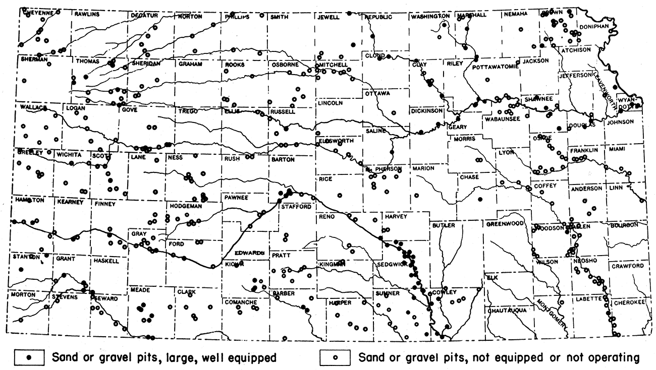 Map of Kansas showing distribution of sand and gravel pits.