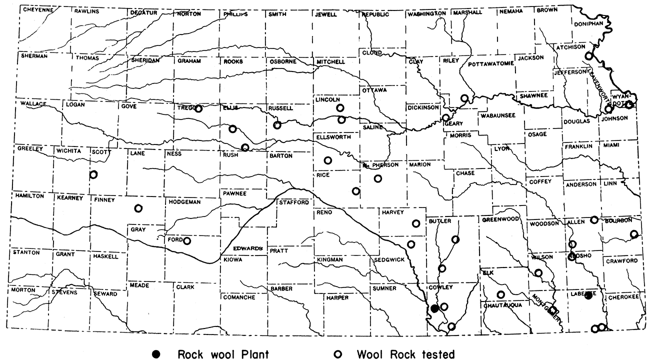 Map of Kansas showing location of rock wool plants and location of outcrops.