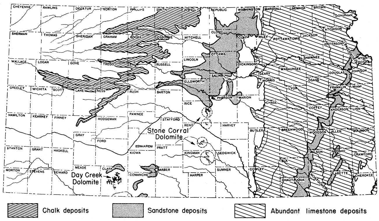 Map of Kansas showing location of areas of abundant limestone, sandstone, and chalk deposits.