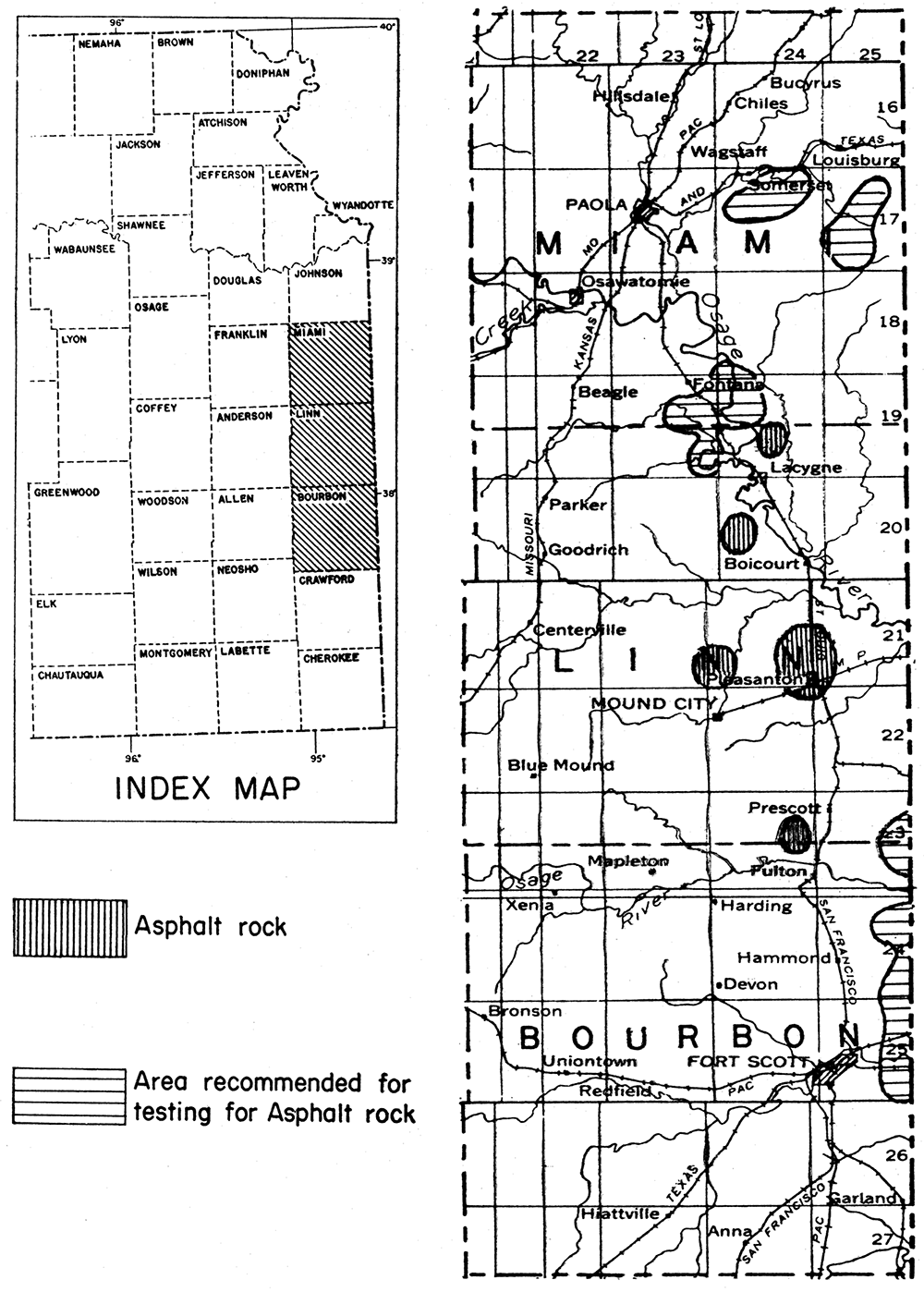 Map of the three counties showing asphalt rock deposits and areas recommended for prospecting.