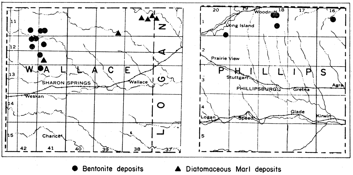 Maps of Wallace and Phillips counties, and part of Logan County, Kansas, showing location of known bentonite and diatomaceous marl deposits.