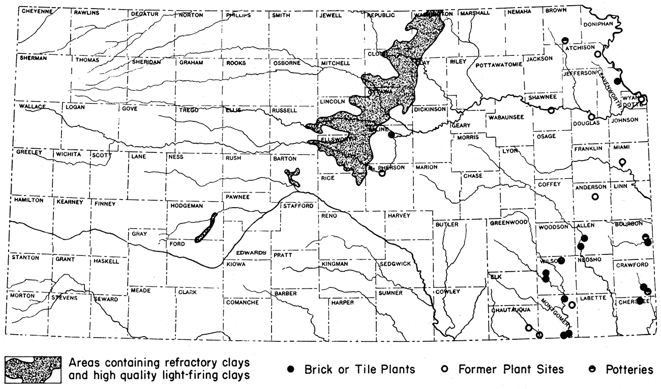 Map of Kansas showing location of refractory clay deposits and of ceramic plants.