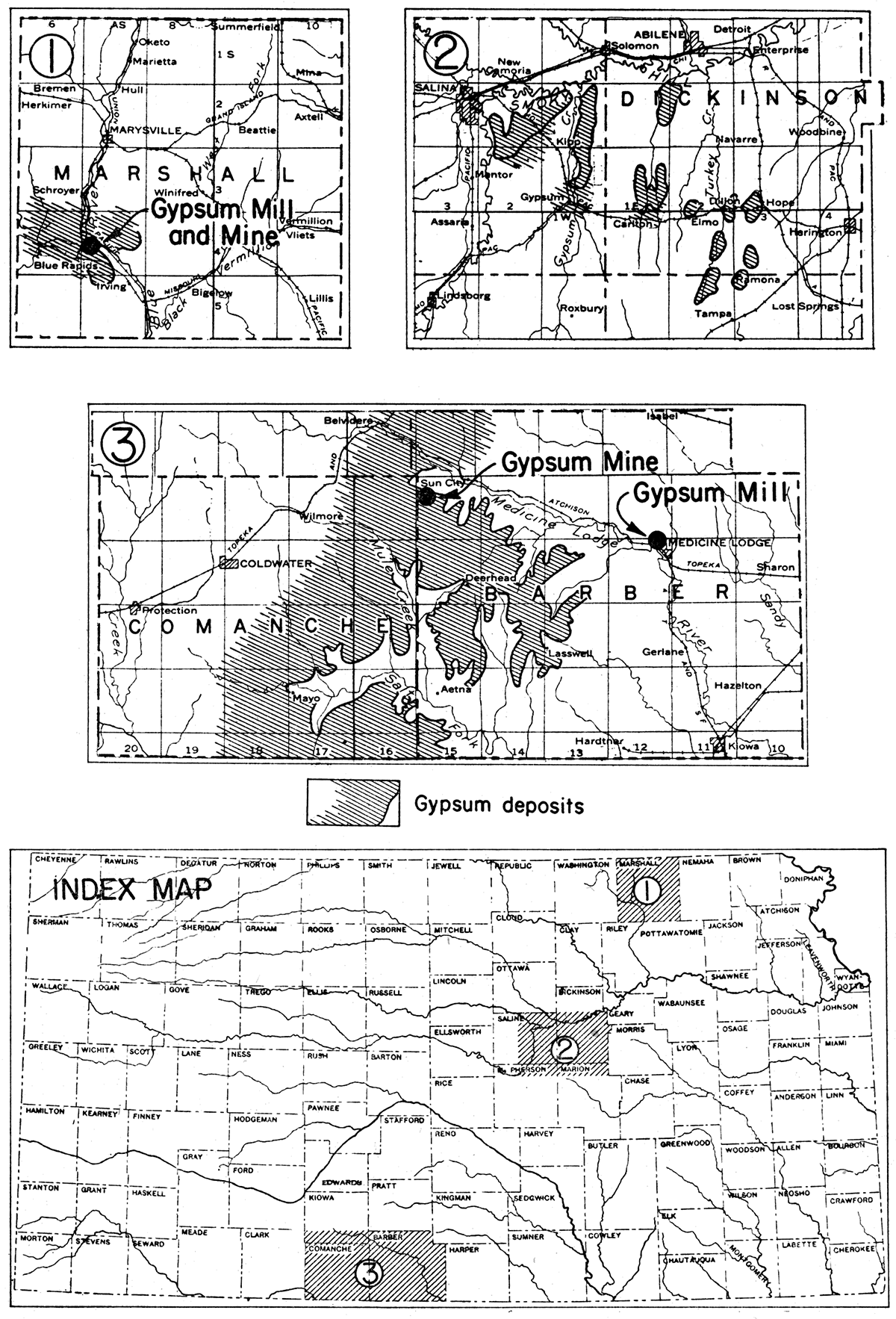 Index and detail maps showing distribution of three areas of Permian gypsum deposits, and location of gypsum mills and mines.